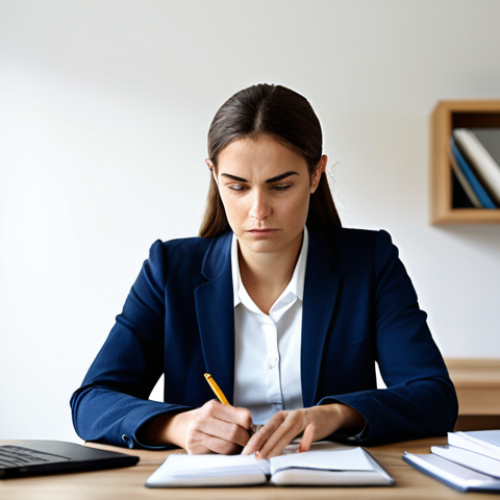 Home 21 A professional social worker in a modest business casual outfit, seated at a clean, modern desk in a well-lit home office, looking thoughtfully at a notebook. The subject has a determined yet calm expression, reflecting on challenges and planning future steps. The background is softly blurred, showing a neatly organized workspace. safe for work, appropriate content, fully clothed, perfect anatomy, correct proportions, natural pose, well-formed hands, proper finger count, natural body proportions, professional, high quality, realistic photography.
