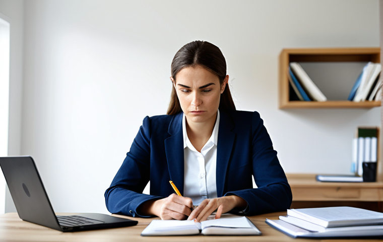 A professional social worker in a modest business casual outfit, seated at a clean, modern desk in a well-lit home office, looking thoughtfully at a notebook. The subject has a determined yet calm expression, reflecting on challenges and planning future steps. The background is softly blurred, showing a neatly organized workspace. safe for work, appropriate content, fully clothed, perfect anatomy, correct proportions, natural pose, well-formed hands, proper finger count, natural body proportions, professional, high quality, realistic photography.