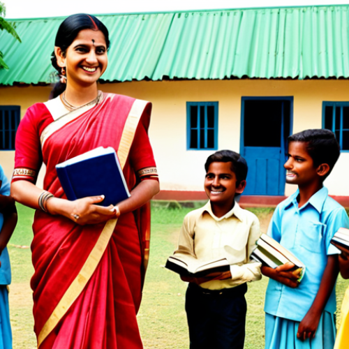 Home 9 **
"A professional Indian woman, fully clothed in a modest sari, standing in front of a rural school, interacting with children. She is holding books and smiling. The scene is bright and positive, depicting education and community support. Perfect anatomy, natural proportions, appropriate attire, safe for work, family-friendly, professional photography, high quality."
**