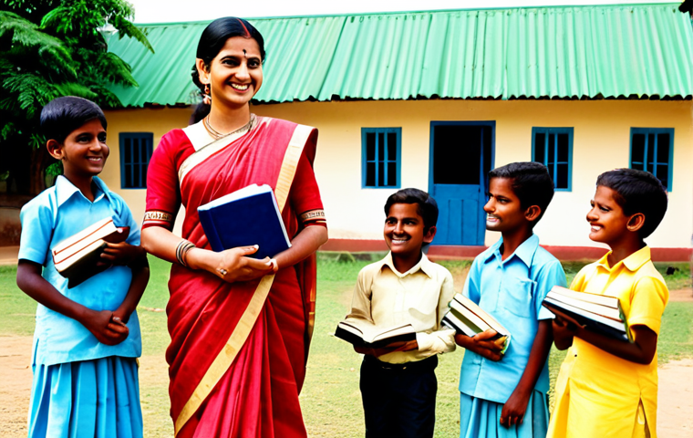 **
"A professional Indian woman, fully clothed in a modest sari, standing in front of a rural school, interacting with children. She is holding books and smiling. The scene is bright and positive, depicting education and community support. Perfect anatomy, natural proportions, appropriate attire, safe for work, family-friendly, professional photography, high quality."
**