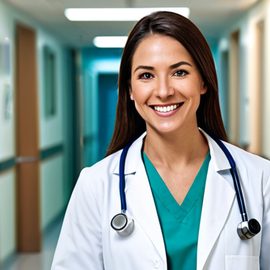 **
"A professional female doctor wearing a lab coat and stethoscope, smiling gently, standing in a clean and modern hospital hallway with soft lighting, fully clothed, appropriate attire, safe for work, perfect anatomy, natural proportions, professional photography, high quality, modest, family-friendly."
**