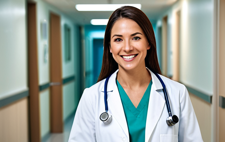 **
"A professional female doctor wearing a lab coat and stethoscope, smiling gently, standing in a clean and modern hospital hallway with soft lighting, fully clothed, appropriate attire, safe for work, perfect anatomy, natural proportions, professional photography, high quality, modest, family-friendly."
**