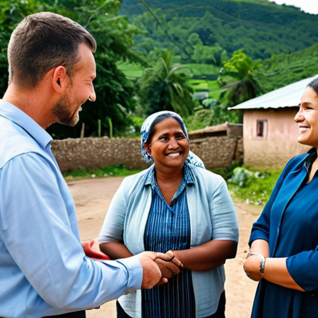 **Prompt:** A professional social worker, fully clothed in modest attire, engaging with community members in a rural village setting, fostering collaboration and support, safe for work, appropriate content, perfect anatomy, natural proportions, professional photograph, high quality.