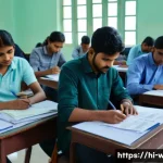 사회복지사 1급 시험 필수 준비물 - A detailed, realistic scene inside an Indian exam center showing a diverse group of Hindi-speaking c...