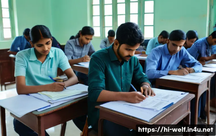 사회복지사 1급 시험 필수 준비물 - A detailed, realistic scene inside an Indian exam center showing a diverse group of Hindi-speaking c...