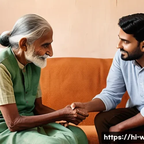 사회복지사 실습보고서 우수 사례 - A compassionate social worker wearing modest clothing, engaging warmly with elderly people in a rura...
