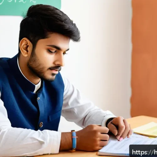 사회복지사 실기 시험 준비 전략 - A focused Indian male student in his early 20s sitting at a wooden desk in a bright study room, surr...