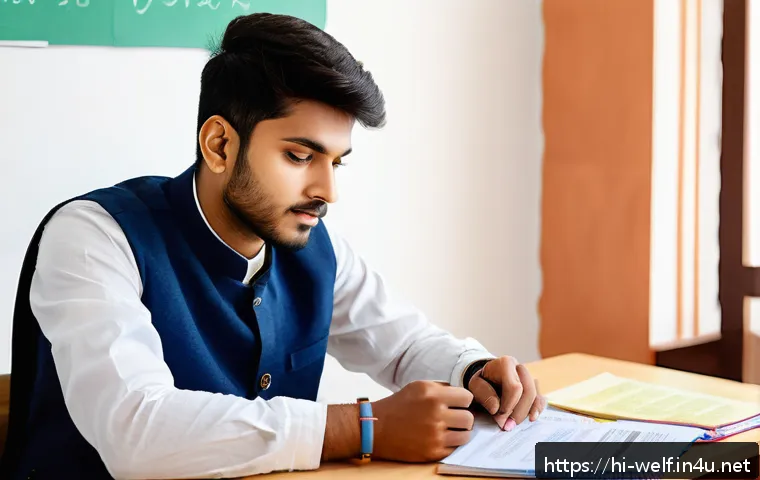 사회복지사 실기 시험 준비 전략 - A focused Indian male student in his early 20s sitting at a wooden desk in a bright study room, surr...